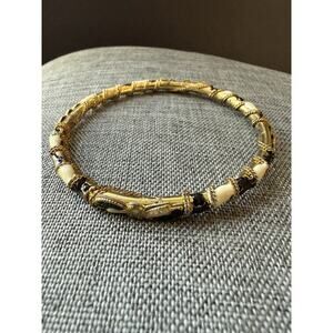 Vintage Enamel Gold Tone Rope Bracelet Black White Bangle Stackable Classic